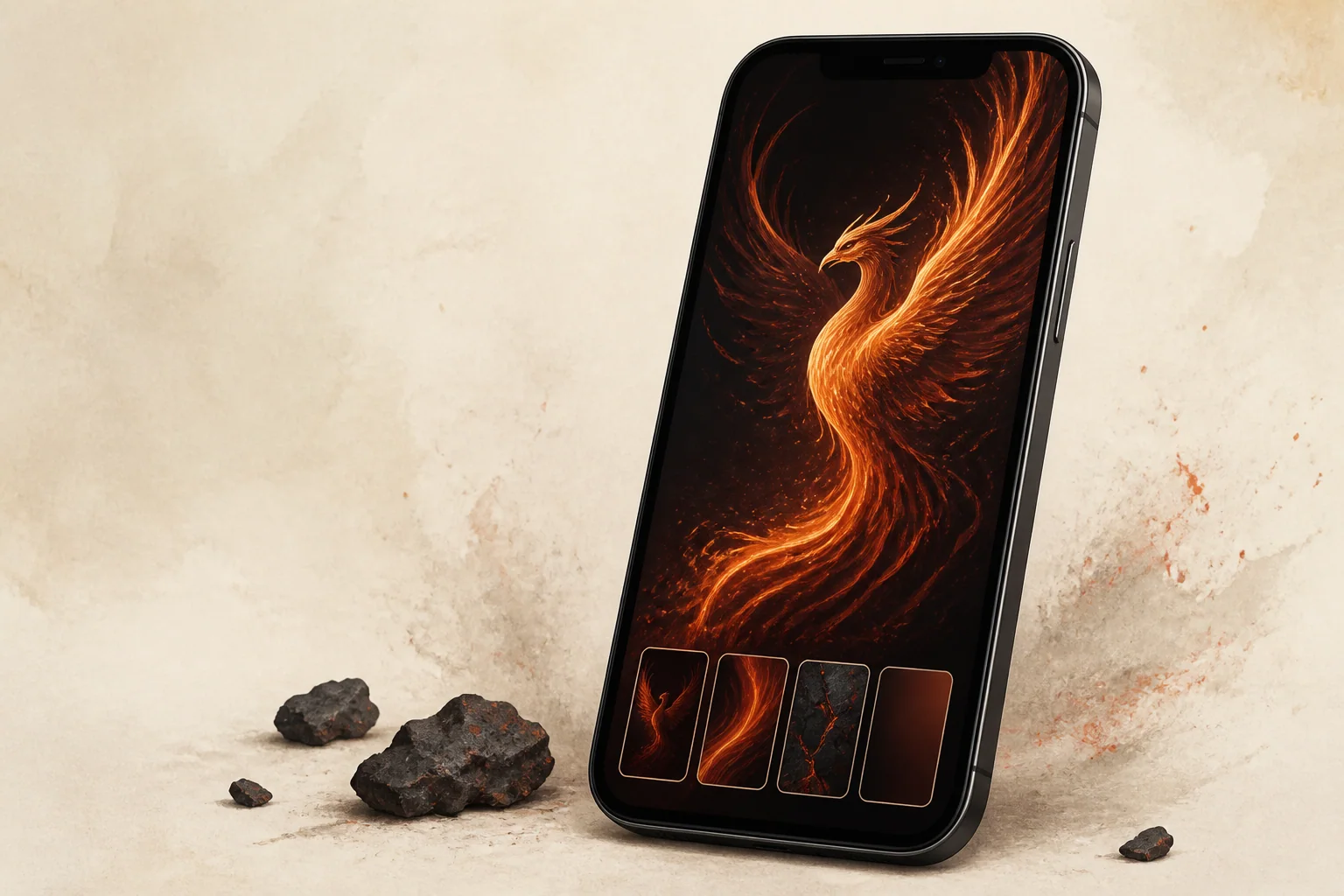 Black smartphone displaying an original copper-orange phoenix wallpaper and four artwork thumbnails on a warm ivory studio background