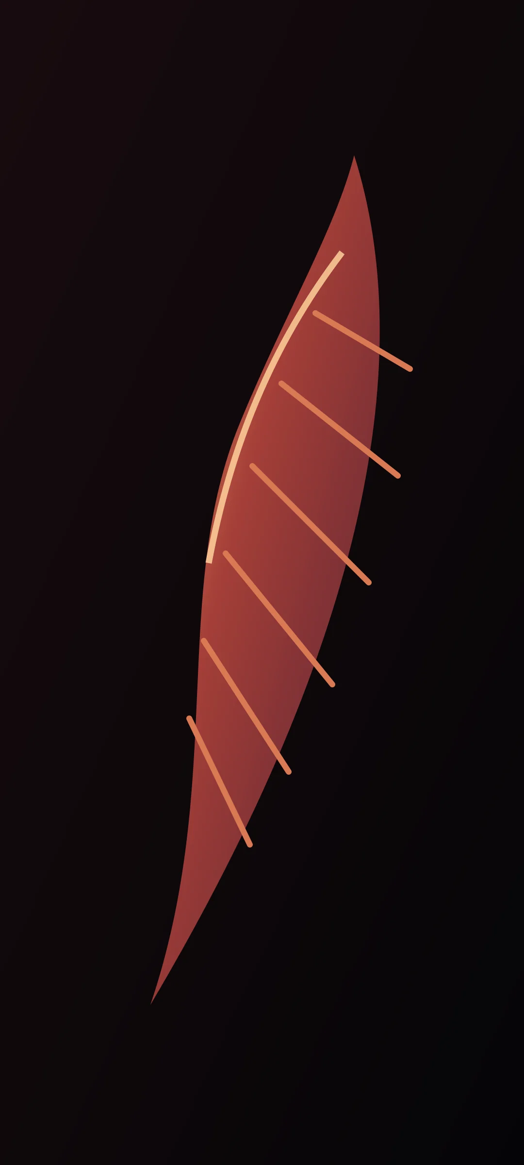 Long luminous feather shape in burgundy and copper on black
